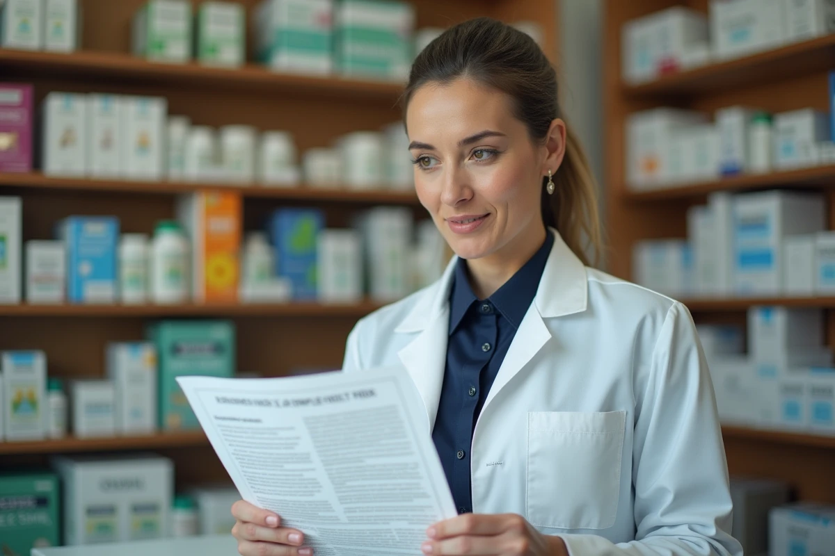 Pharmacienne en blouse blanche expliquant les risques d'une tisane minceur Lulutox, mise en garde professionnelle sur les compléments alimentaires à base de plantes