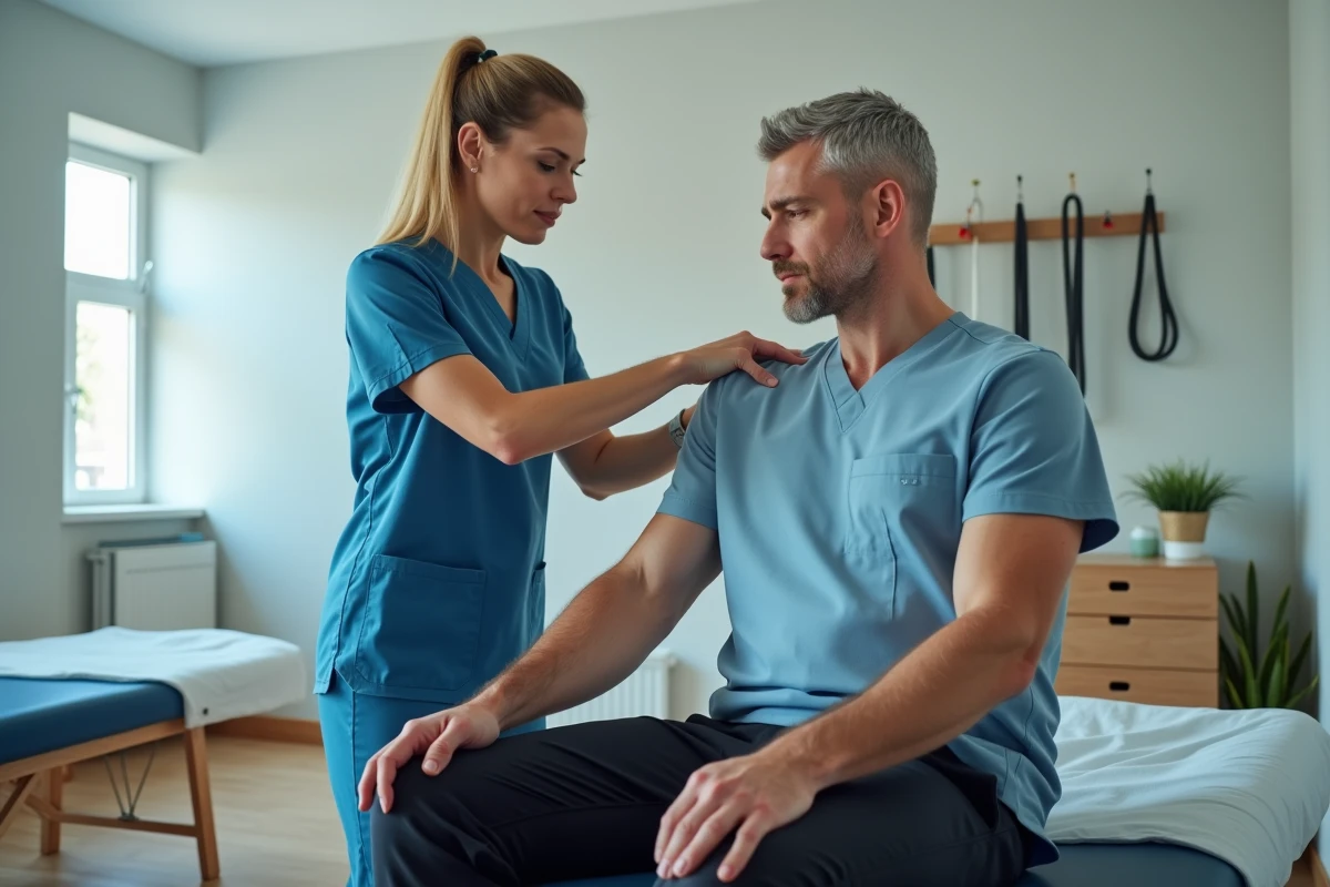 Physiothérapeute évaluant l'épaule d'un patient dans un cabinet de kinésithérapie pour diagnostiquer une lésion du tendon supra épineux