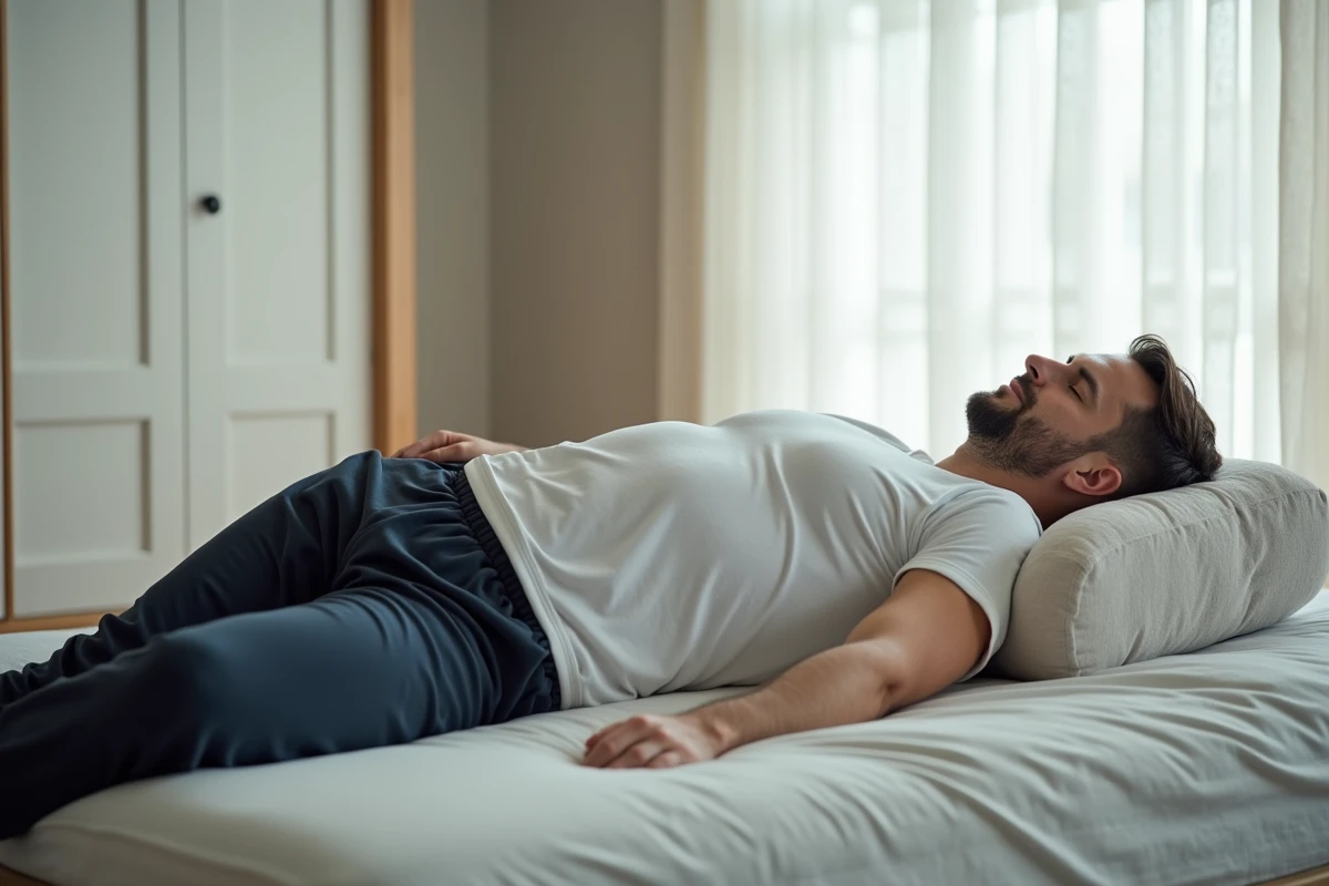 Homme allongé sur le dos avec un coussin sous les genoux pour réduire la douleur sciatique nocturne