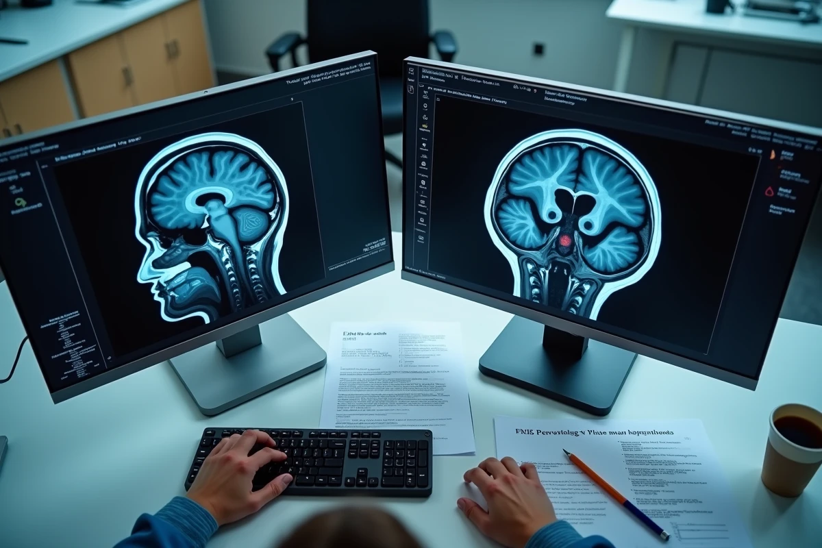 Poste de travail radiologique avec IRM FLAIR montrant des hypersignaux périventriculaires et rapport annoté
