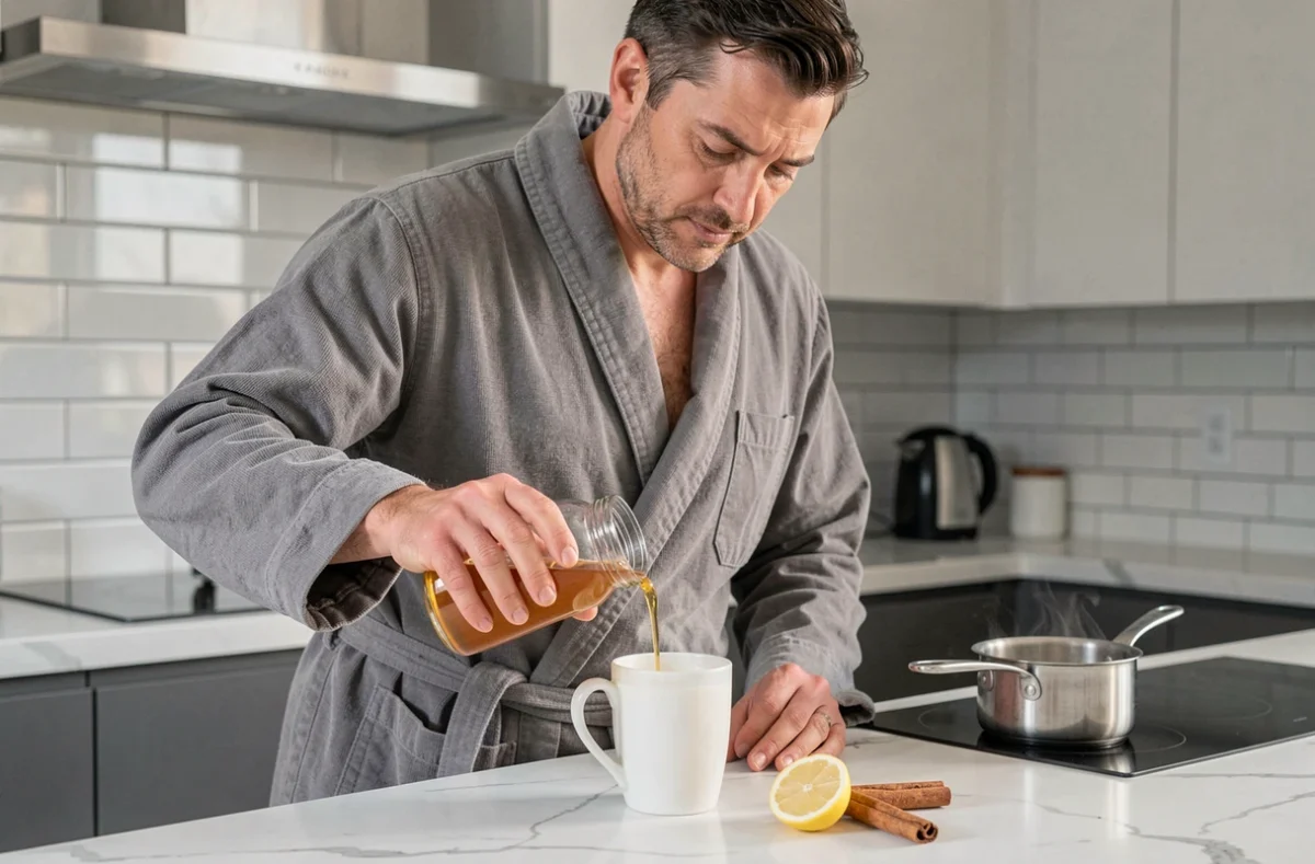 Homme versant du miel doré dans un verre de lait chaud dans une cuisine moderne, remède naturel contre la gorge irritée