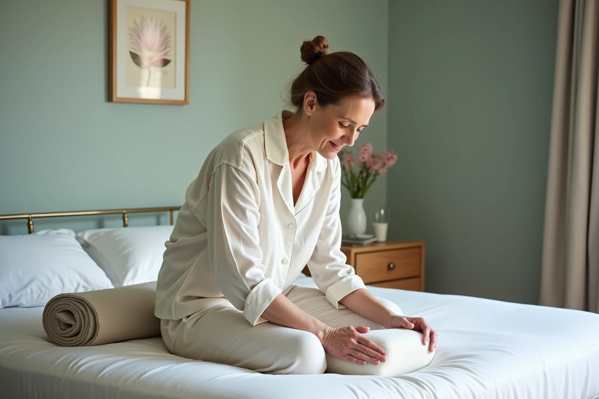 Femme préparant sa position de sommeil avec des coussins adaptés pour soulager la sciatique