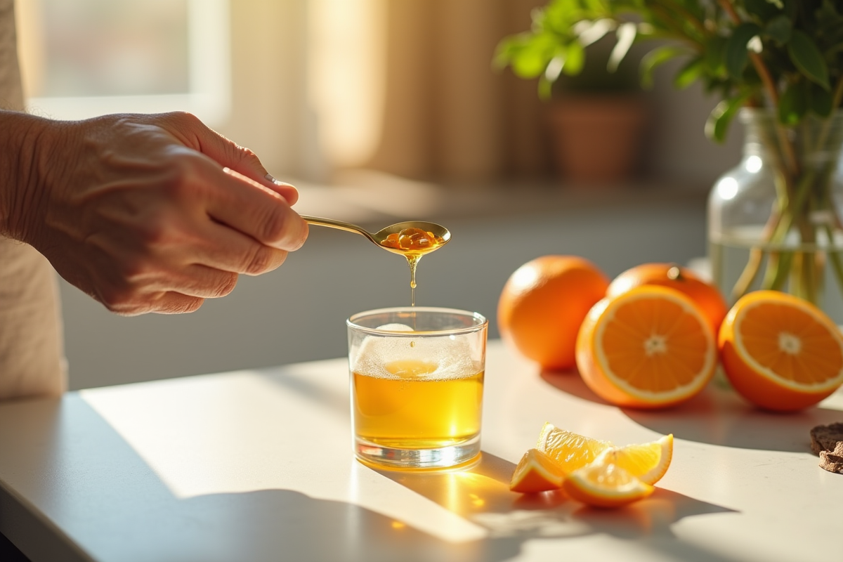 Main versant vitamine C liquide avec oranges tranchées