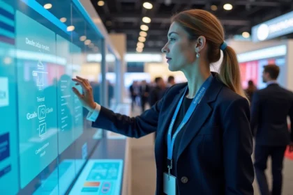 Professionnelle de santé explorant un stand de santé connectée lors d'un salon e-health spécialisé