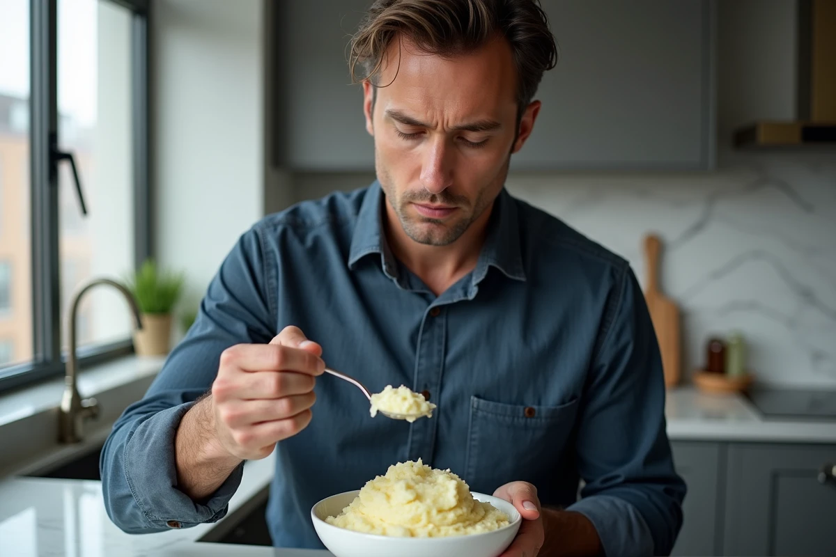 Homme adulte préparant une purée de pommes de terre douce après une extraction dentaire