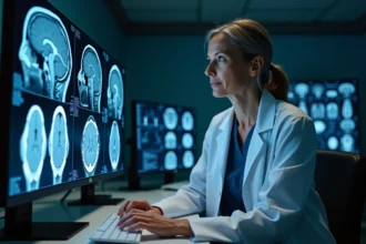 Radiologue femme analysant une IRM cérébrale avec hypersignal diffus sur poste de travail médical