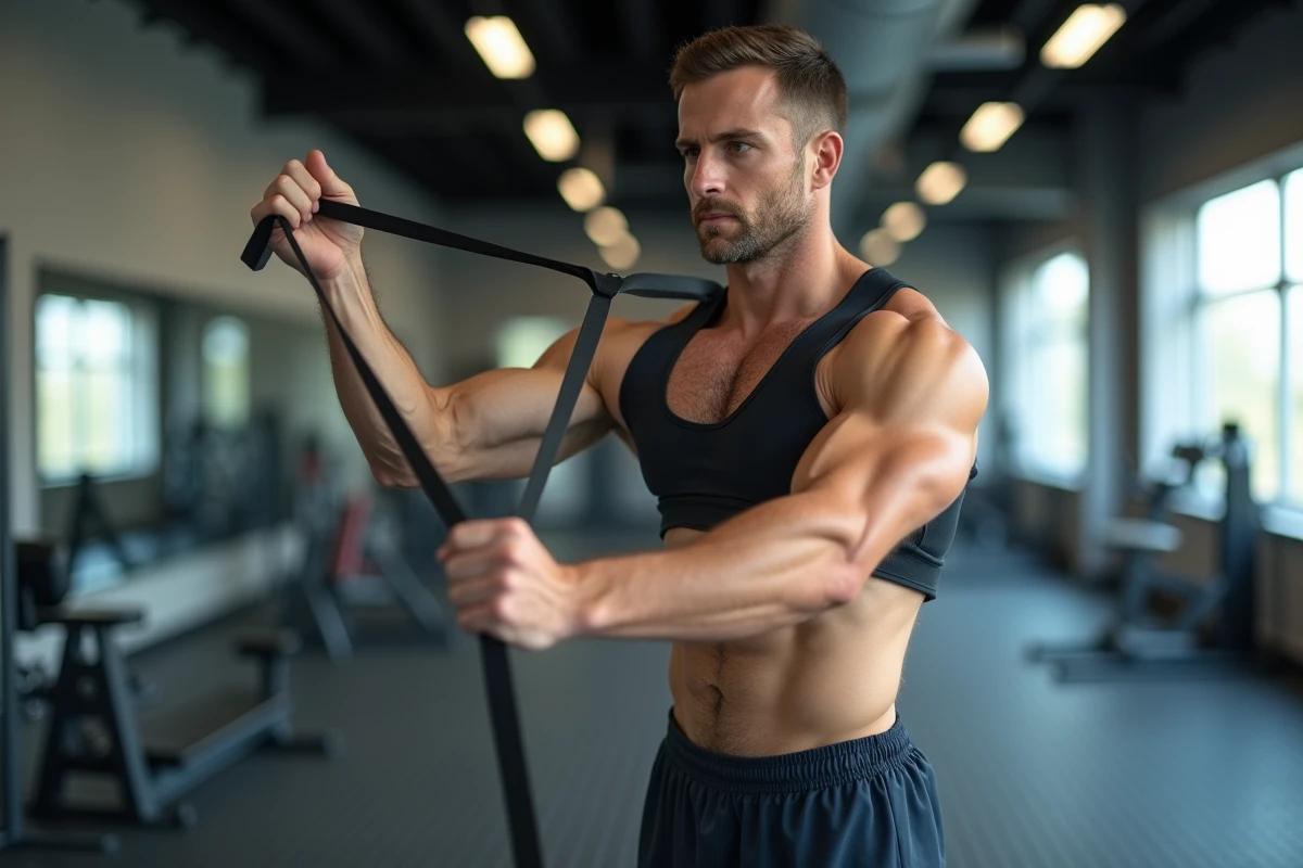 Homme effectuant des exercices de rééducation avec bande élastique pour la reprise sportive après une fissure du tendon supra épineux
