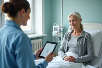 Femme en rééducation avec physiotherapeute en hôpital