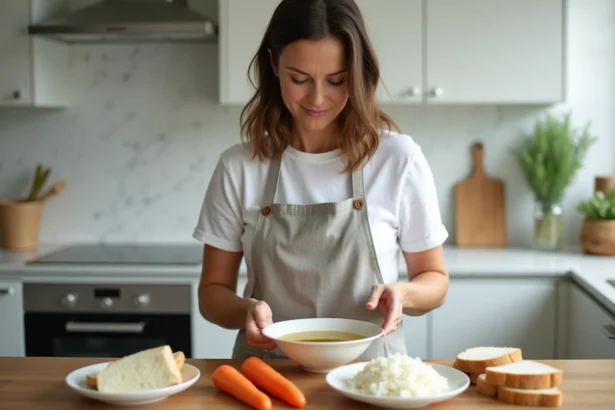 Femme préparant un repas pauvre en fibres pour une préparation à la coloscopie avec bouillon, riz blanc et carottes cuites