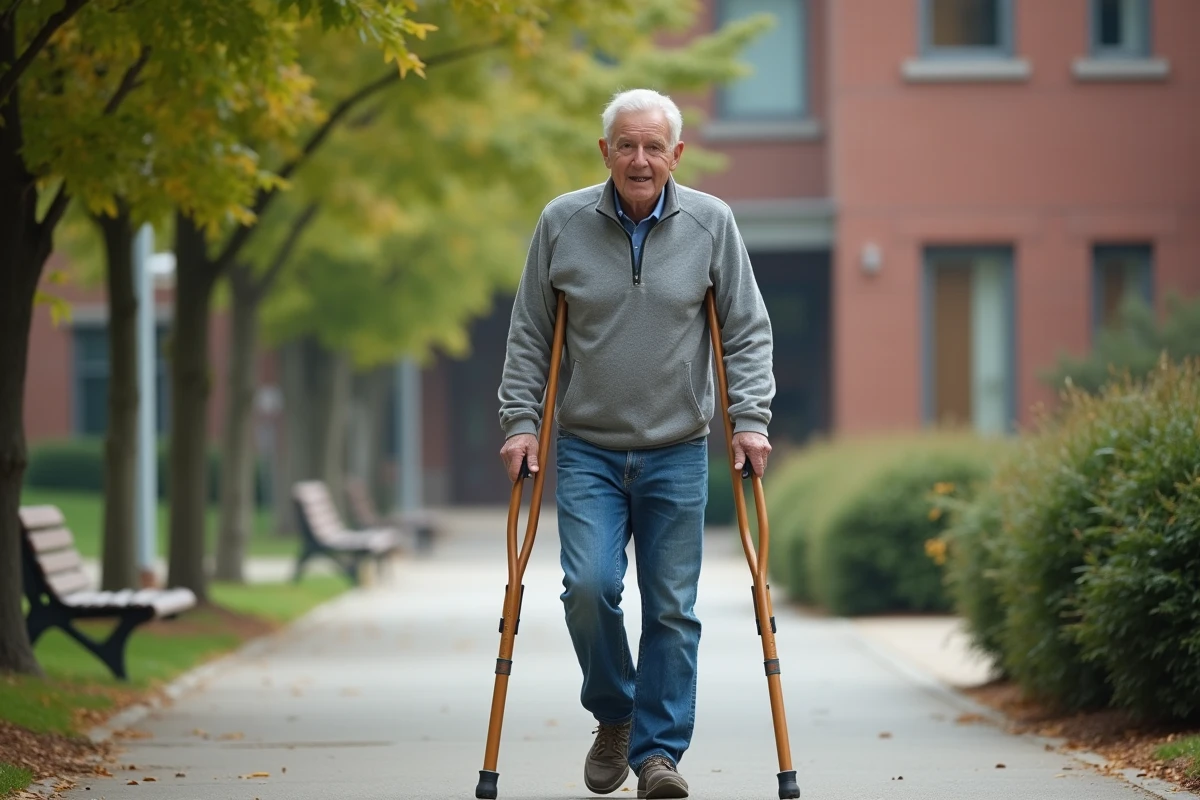 Homme utilisant des béquilles sur chemin de rééducation