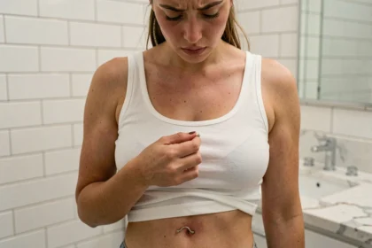 Jeune femme examinant son piercing au nombril avec des signes de rejet cutané visible sur la peau