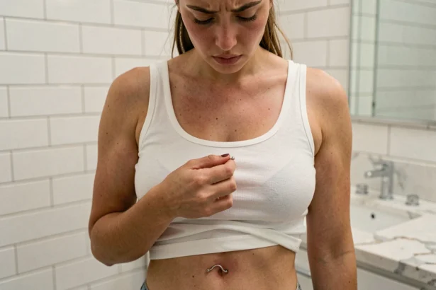 Jeune femme examinant son piercing au nombril avec des signes de rejet cutané visible sur la peau