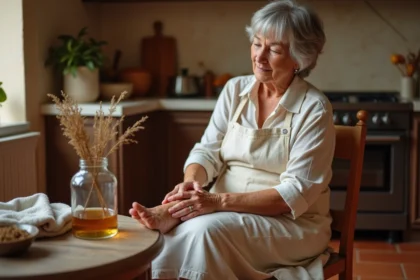 Femme âgée massant son talon douloureux avec un remède naturel dans une cuisine rustique