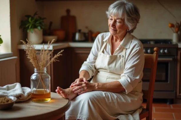 Femme âgée massant son talon douloureux avec un remède naturel dans une cuisine rustique