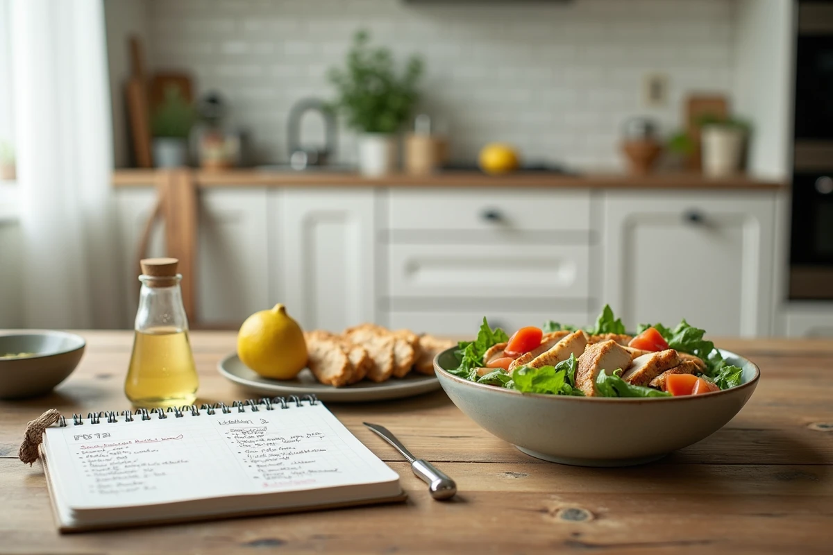 Repas équilibré et carnet de régime posés sur une table en bois avec un flacon de compléments minceur