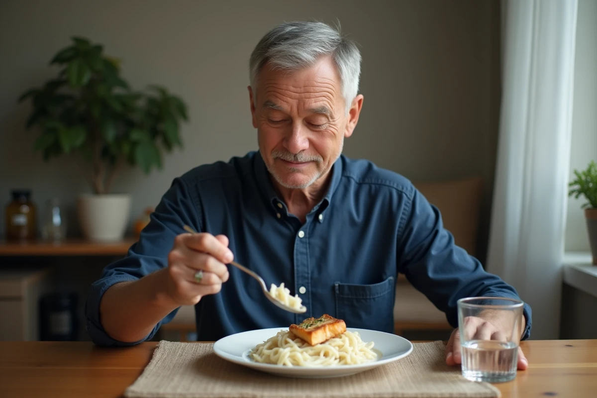 Homme mangeant un repas léger de poisson vapeur et pâtes blanches adapté au régime avant coloscopie