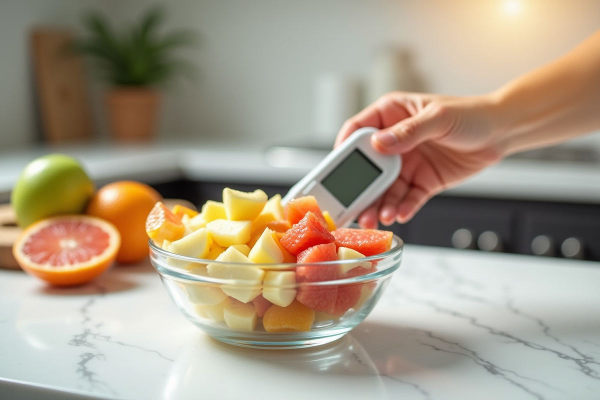 Salade de fruits avec pommes oranges et pamplemousse sur plan de travail