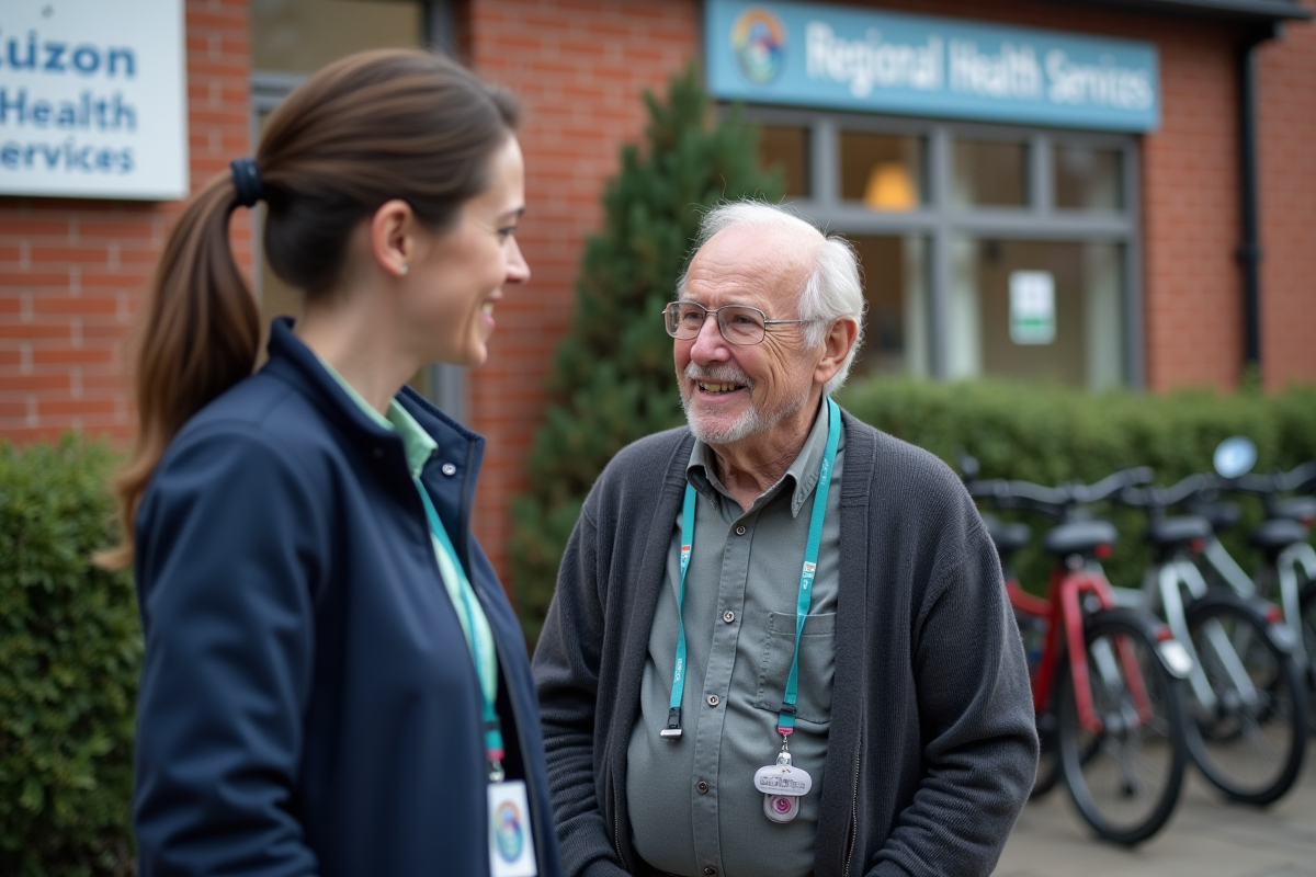 Infirmière parlant avec un senior devant un centre de santé