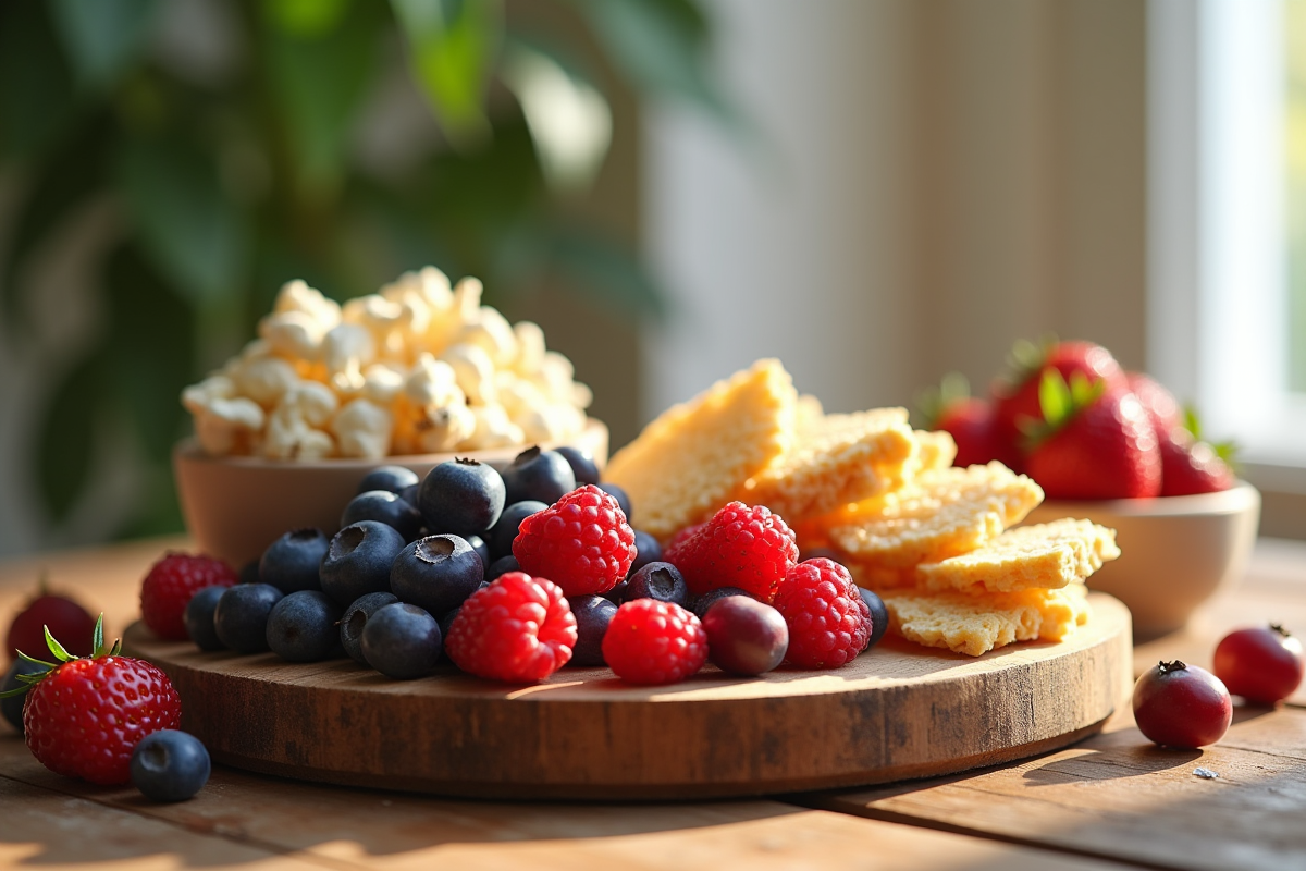 Assortiment de snacks faibles en calories sur table en bois