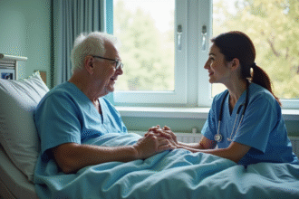 Infirmière palliative tenant la main d'un patient âgé