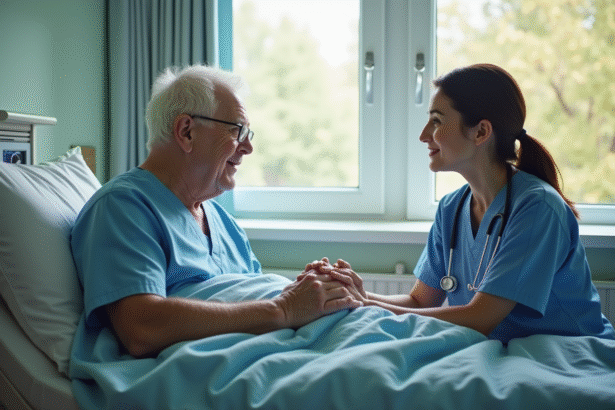 Infirmière palliative tenant la main d'un patient âgé