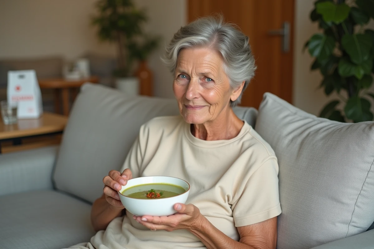 Femme adulte savourant une soupe froide d'avocat sur un canapé après extraction dentaire