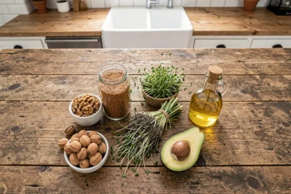 Vue de dessus d'une table en bois rustique avec des noix, graines de lin, graines de chia, avocat et huile de lin, sources végétales d'oméga-3