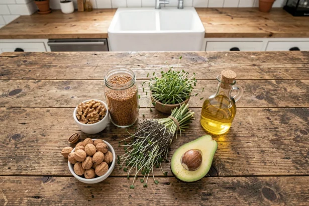 Vue de dessus d'une table en bois rustique avec des noix, graines de lin, graines de chia, avocat et huile de lin, sources végétales d'oméga-3