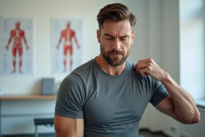 Sportif tenant son épaule douloureuse lors d'une consultation en clinique de rééducation pour une fissure du tendon supra épineux