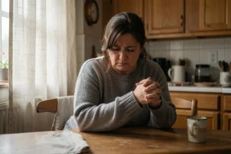 Femme d'âge moyen assise seule à une table de cuisine, les mains crispées, exprimant l'anxiété et le stress émotionnel liés aux troubles digestifs