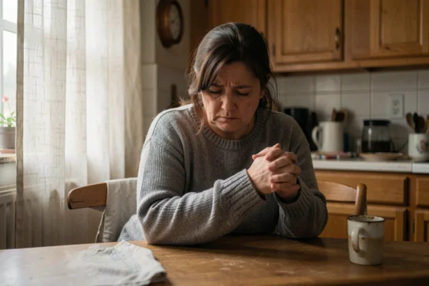 Femme d'âge moyen assise seule à une table de cuisine, les mains crispées, exprimant l'anxiété et le stress émotionnel liés aux troubles digestifs