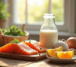 Table en bois avec aliments riches en vitamines naturelles