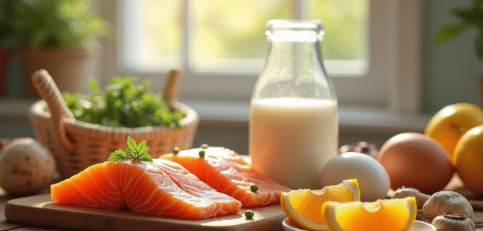 Table en bois avec aliments riches en vitamines naturelles