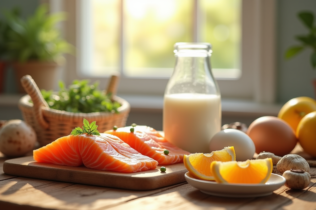 Table en bois avec aliments riches en vitamines naturelles