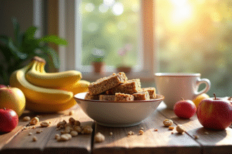 Table en bois avec barres de muesli maison et fruits frais