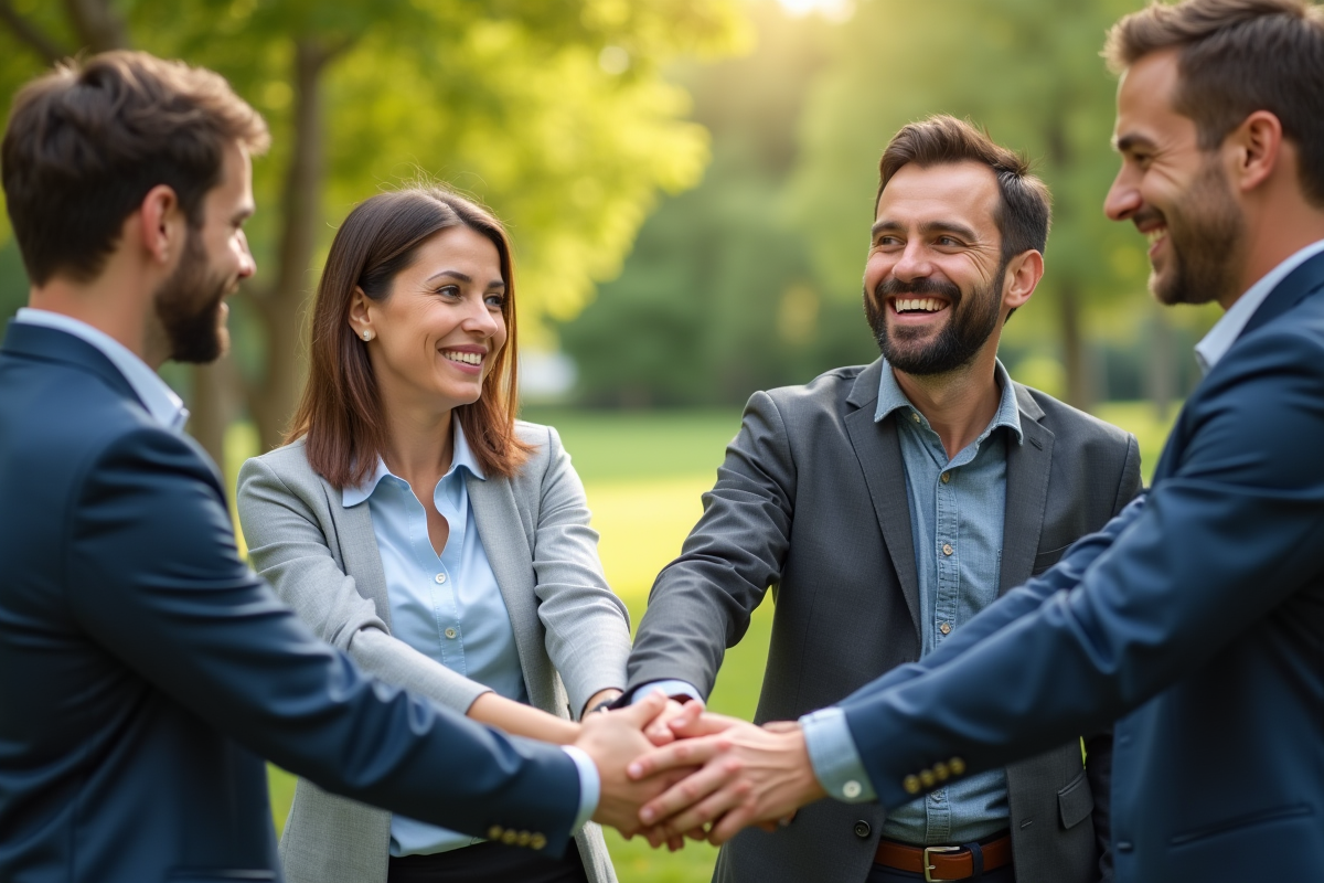 Professionnels en activité de team building dans un parc ensoleille