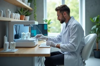 Technicien dentaire en action avec imprimante 3D dans un laboratoire