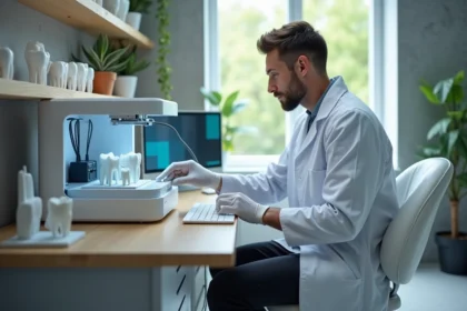Technicien dentaire en action avec imprimante 3D dans un laboratoire