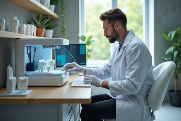 Technicien dentaire en action avec imprimante 3D dans un laboratoire