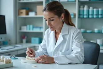 Technicienne dentaire en laboratoire moderne en train de façonner une prothese dentaire