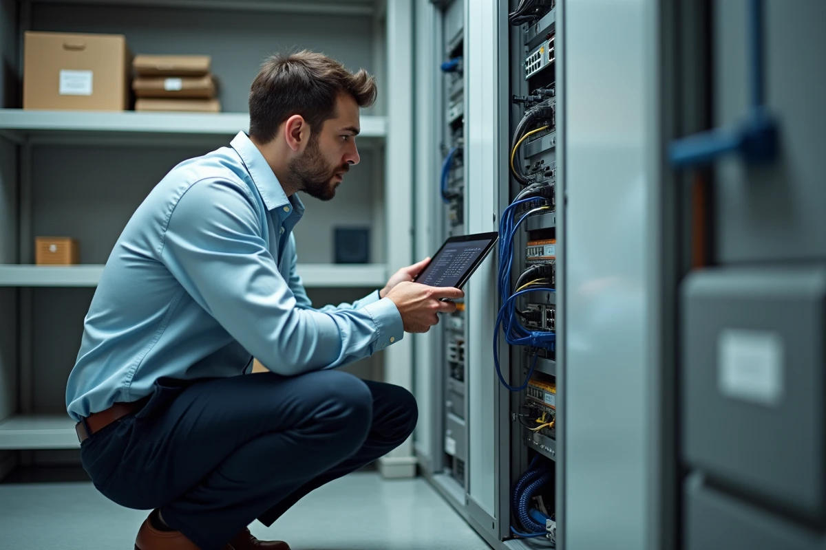 Technicien informatique inspectant le réseau dans la salle technique d'un établissement de santé