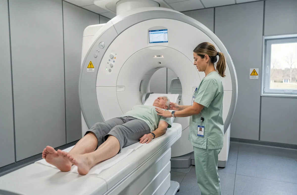 Technicienne en radiologie préparant un patient pour une IRM dans un centre de santé moderne en banlieue parisienne