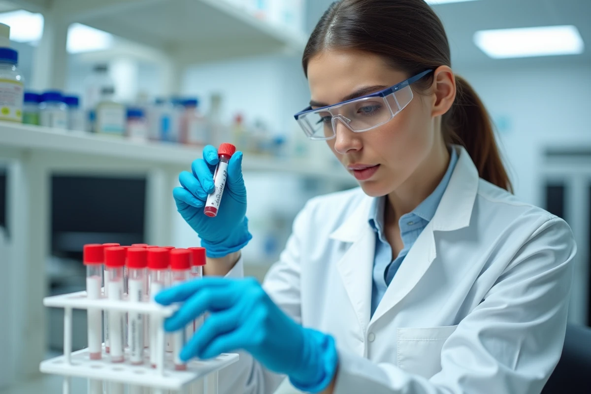 Technicienne de laboratoire médical manipulant des tubes d'échantillons de sang pour analyser des marqueurs biologiques tels que la gamma-glutamyl transférase