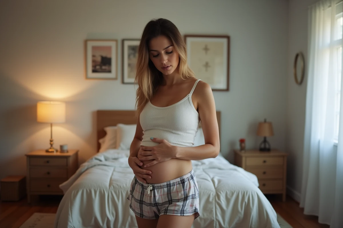 Femme en pyjama dans sa chambre tenant un test de grossesse négatif avec la main posée sur le ventre dans une attitude introspective