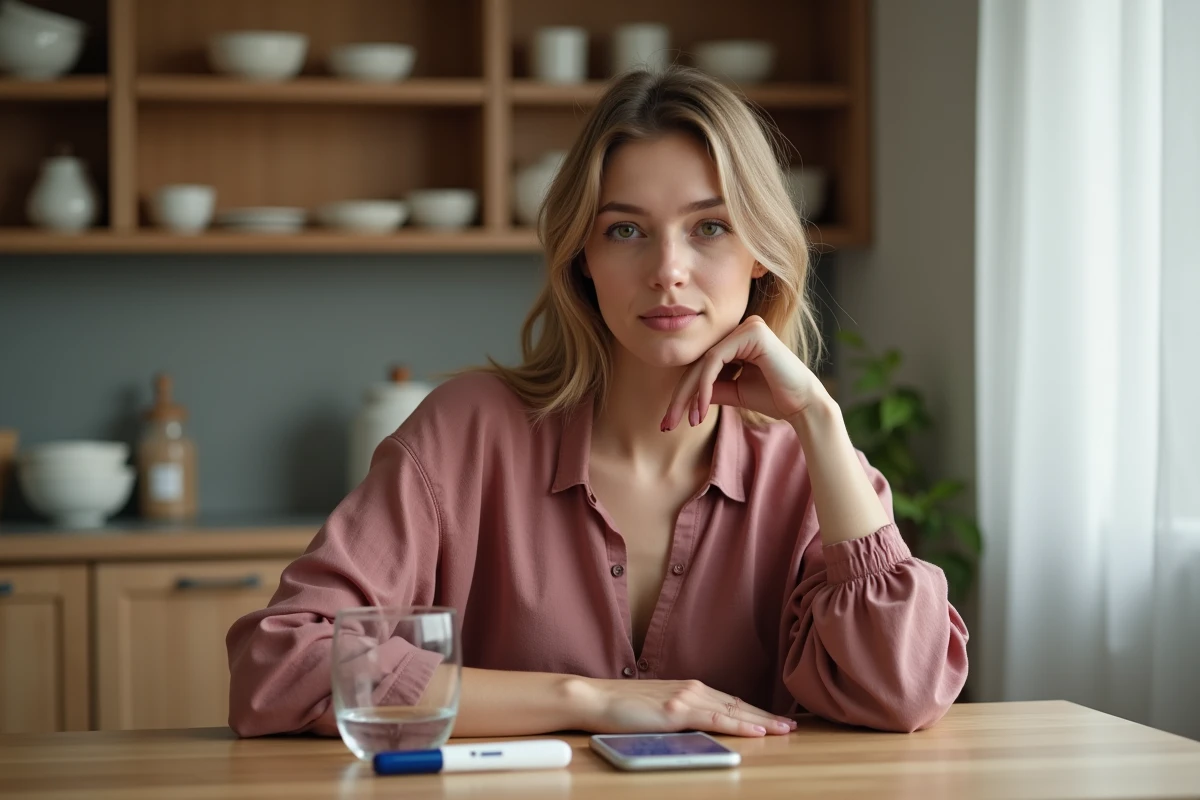Femme assise à la table de cuisine regardant un test de grossesse négatif posé devant elle avec un calendrier sur son téléphone