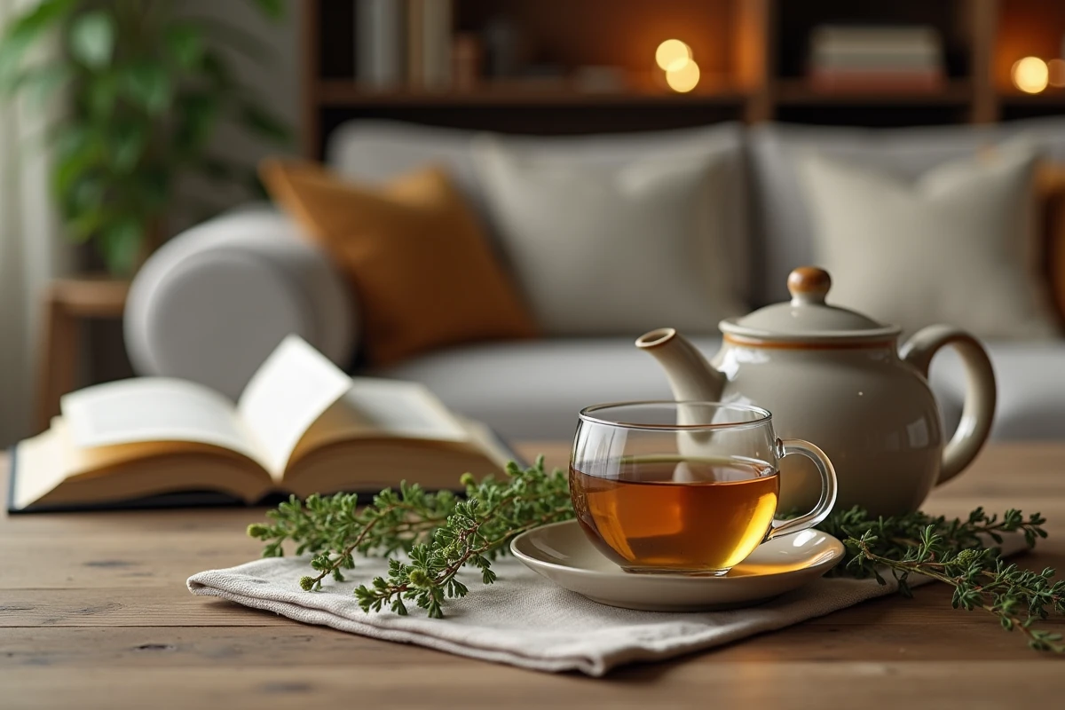Théière en céramique et tisane au thym sur napperon