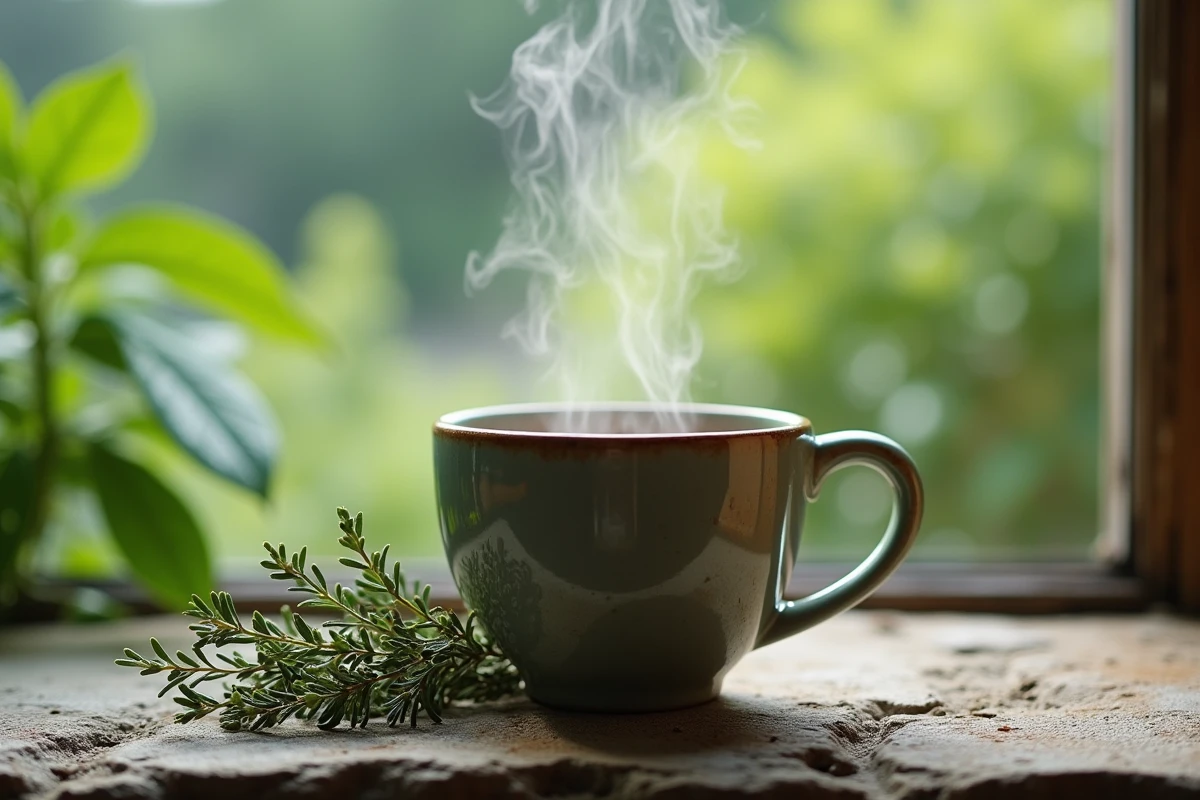 Tasse de tisane au thym séché posée sur un rebord de fenêtre en pierre avec vue sur un jardin d'herbes aromatiques