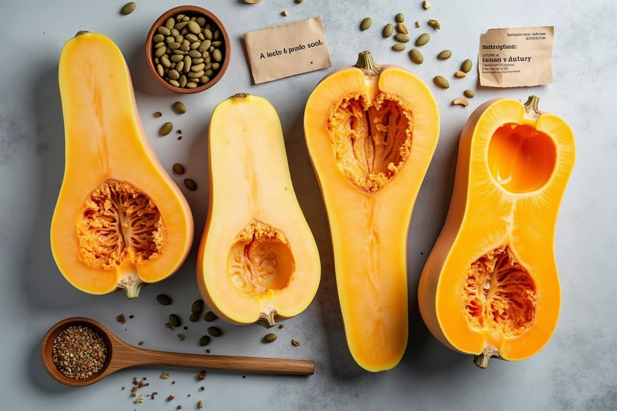 Vue de dessus de différentes variétés de courges d'hiver coupées comparant les couleurs de chair et les valeurs caloriques